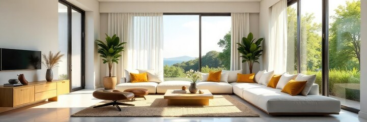 Stylish sun-drenched minimalist living room with bright accents and open plan design, perfect for summer Enjoy the airy, modern feel , interior design, home decor