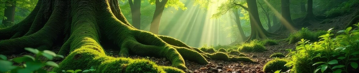 Sun-dappled forest floor, lush green moss covers ancient tree roots, sunlight filtering through leaves Perfect for nature, fantasy, and fairytale themes , natural, woods