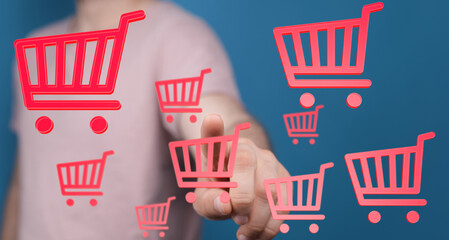 Person interacts with virtual shopping carts, illustrating online shopping, e-commerce, and digital...