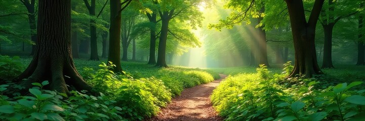 Sun-dappled forest path winding through lush greenery, sunlight filtering through leaves, creating a magical atmosphere Perfect for travel, nature, and fantasy themes , green, habitat