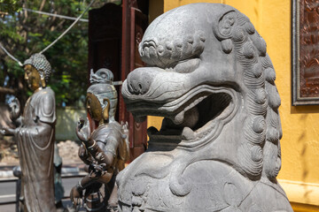 Gangaramaya Temple, Colombo, Sri Lanka. Decorative stone lion statue