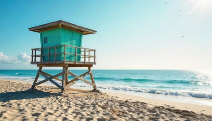 A tall lifeguard tower stands overlooking a calm ocean, providing a panoramic view of the beach and water Perfect for summer, safety, and coastal imagery , post, wood