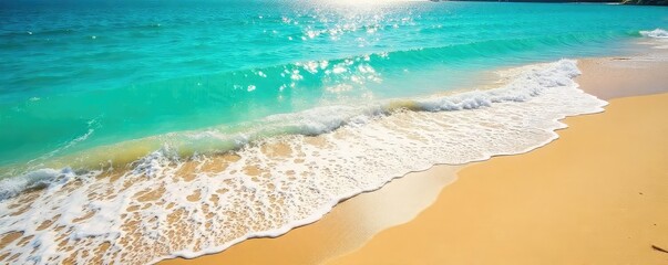 Sun-drenched beach, golden sand meets a shimmering turquoise sea Waves gently lap the shore, creating a breathtaking, idyllic scene Perfect for travel, vacation, or summer themes , horizon, peaceful