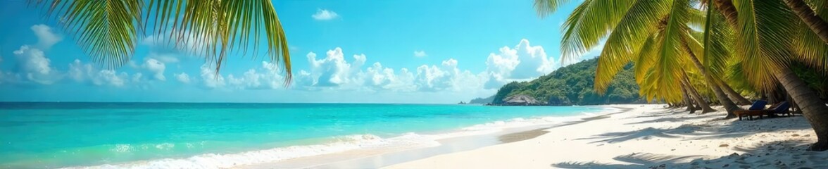 Sun-drenched beach scene with vibrant turquoise water, soft sand, and lush palm trees swaying gently in the warm breeze Perfect for summer travel and vacation themes , heat, relaxation, waves
