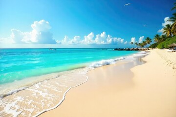 Sun-drenched beach, turquoise water laps gently at the shore, seagulls fly overhead Perfect summer escape Serenity, relaxation, vacation , warm, landscape, shore