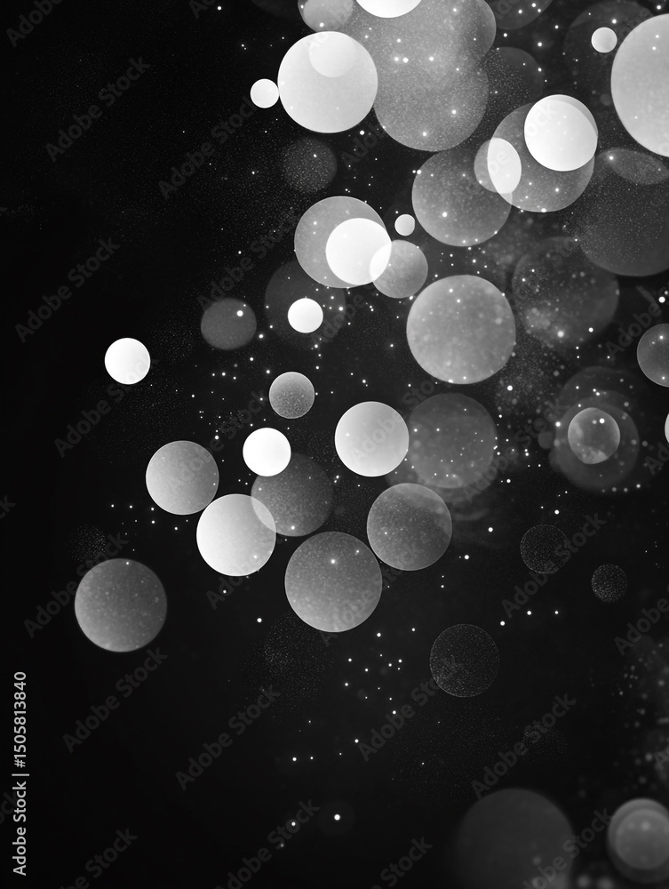 Poster an abstract black and white image features a collection of translucent, overlapping bubbles of varyi