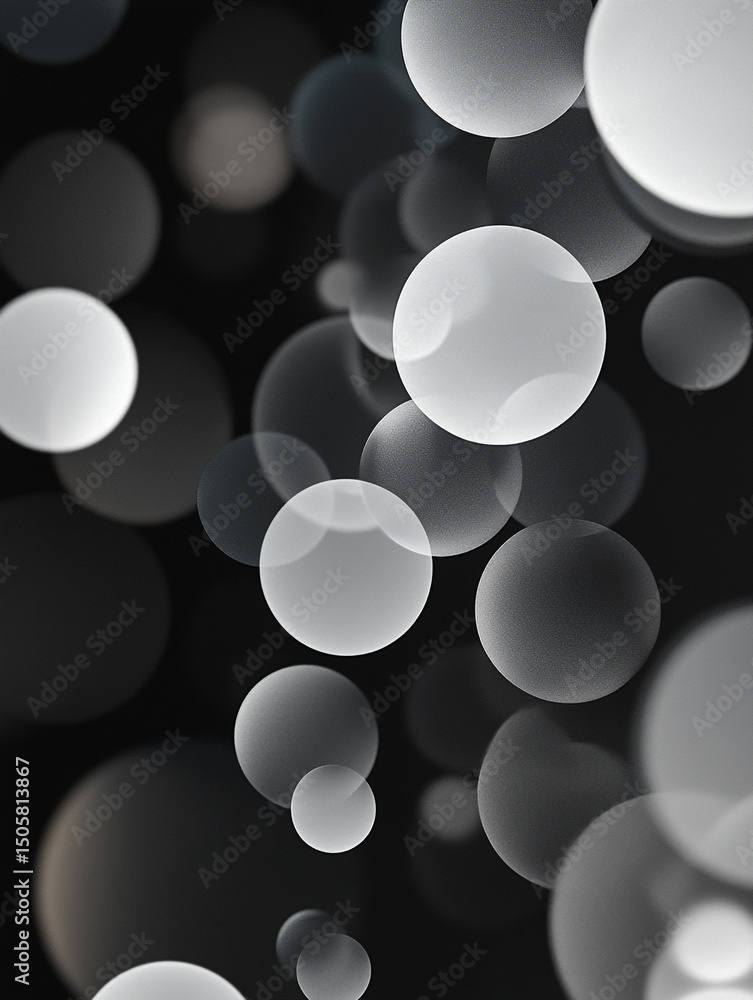 Poster an abstract black and white image features a collection of translucent, overlapping bubbles of varyi