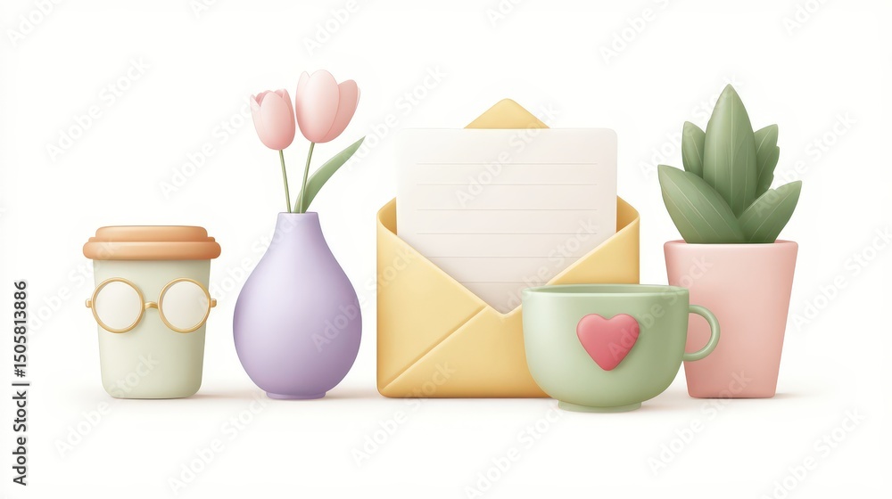 Poster content design elements in 3d icon form, clean isolated visuals on white