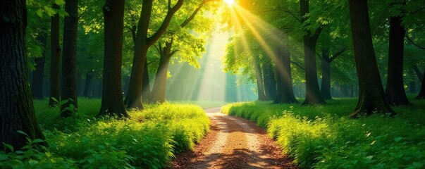 Sunlight dapples through the leaves of a lush forest, illuminating a tranquil path winding through a vibrant park Perfect for nature, serenity, and environmental themes , plants, autumn, trees