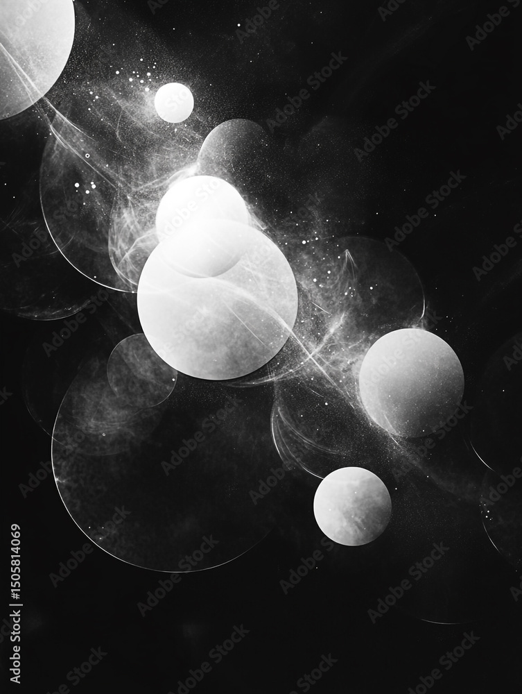 Poster an abstract black and white image features a collection of translucent, overlapping bubbles of varyi