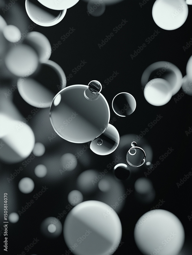 Poster an abstract black and white image features a collection of translucent, overlapping bubbles of varyi