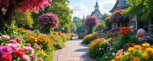 Vibrant floral displays and whimsical sculptures adorn a beautifully landscaped park, creating a magical atmosphere perfect for relaxation and enjoyment , sculpture, daylight
