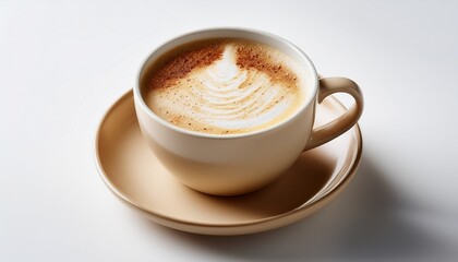 Obraz premium creamy cappuccino in minimalist beige mug on white background