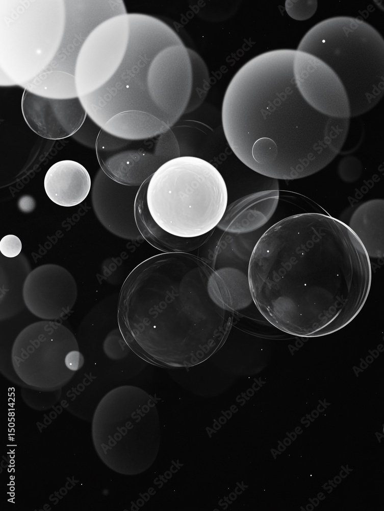 Poster an abstract black and white image features a collection of translucent, overlapping bubbles of varyi