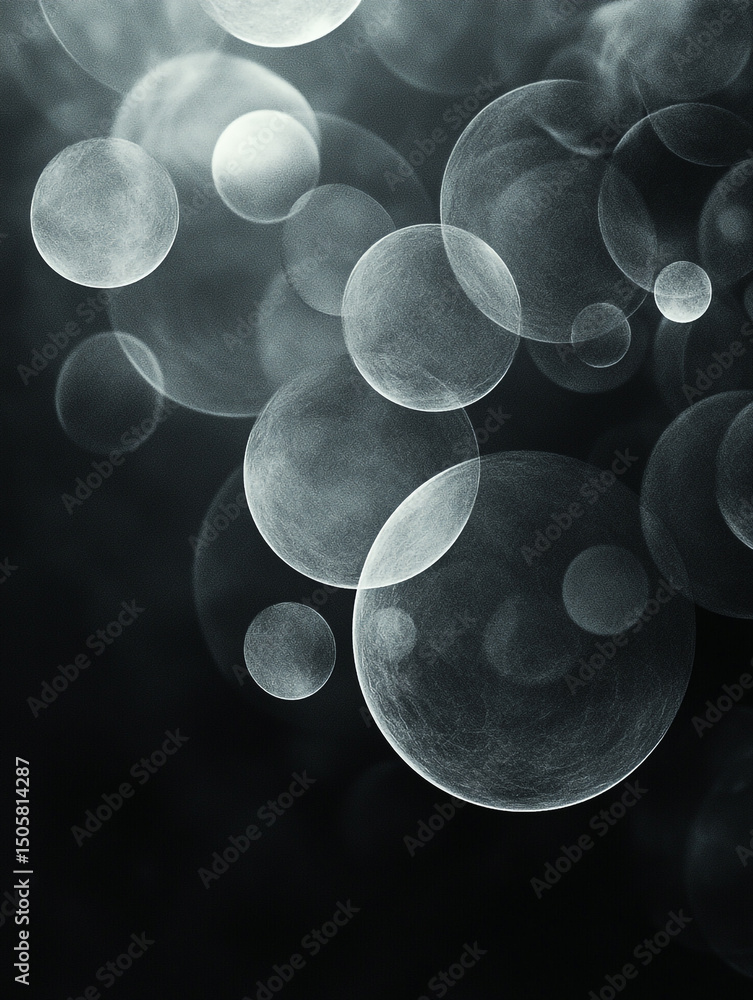 Poster an abstract black and white image features a collection of translucent, overlapping bubbles of varyi