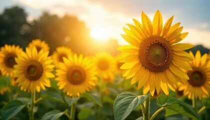 Obraz premium Vibrant sunflowers basking in the warm glow of summer sunlight, their faces turned towards the golden rays A breathtaking display of nature's beauty and the power of the sun , petals, beauty, rural
