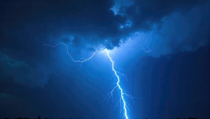 Vivid electric blue lightning bolt striking a dark, stormy sky Dramatic cloudscape with intense energy and raw power Perfect for weather, nature, or energy themes , night, spectacular, forceful