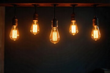 Warm, inviting glow of multiple Edison-style light bulbs hanging from a dark ceiling, casting a soft, ambient light , lighting, decoration, pendant light