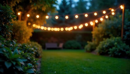 Warm, inviting glow of outdoor string lights draped across a lush green garden at night Perfect for ambiance, relaxation, and summer evenings , cozy, party, energy efficient