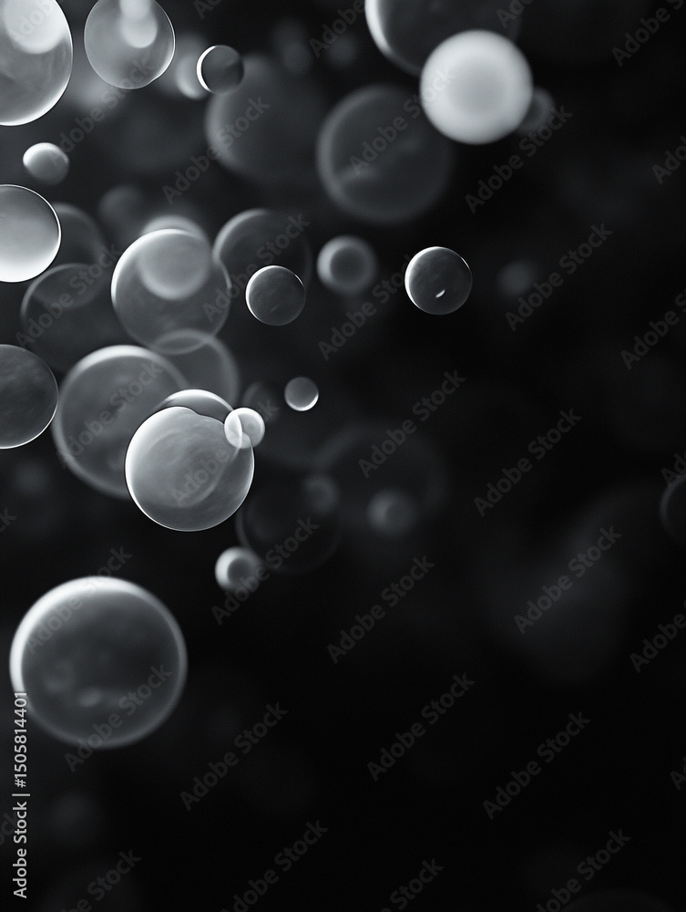 Poster an abstract black and white image features a collection of translucent, overlapping bubbles of varyi
