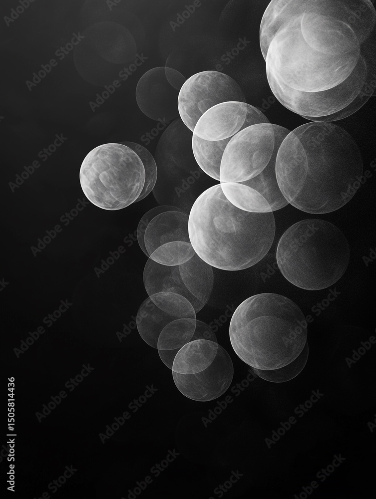 Poster an abstract black and white image features a collection of translucent, overlapping bubbles of varyi