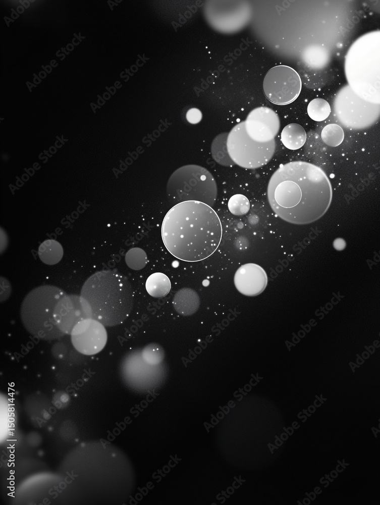 Poster an abstract black and white image features a collection of translucent, overlapping bubbles of varyi