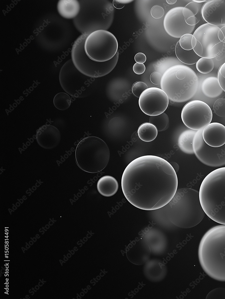 Poster an abstract black and white image features a collection of translucent, overlapping bubbles of varyi