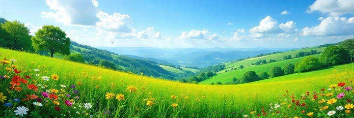 Serene landscape featuring lush green plants, vibrant wildflowers, and rolling hills under a clear blue sky Perfect for nature, travel, and environmental projects , world, countryside, majestic