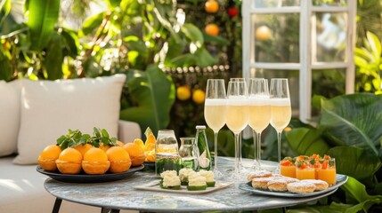 Outdoor citrus-themed brunch with champagne and pastries.