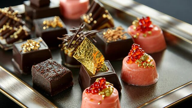 Elegant assorted chocolates and decorations in luxurious dessert presentation