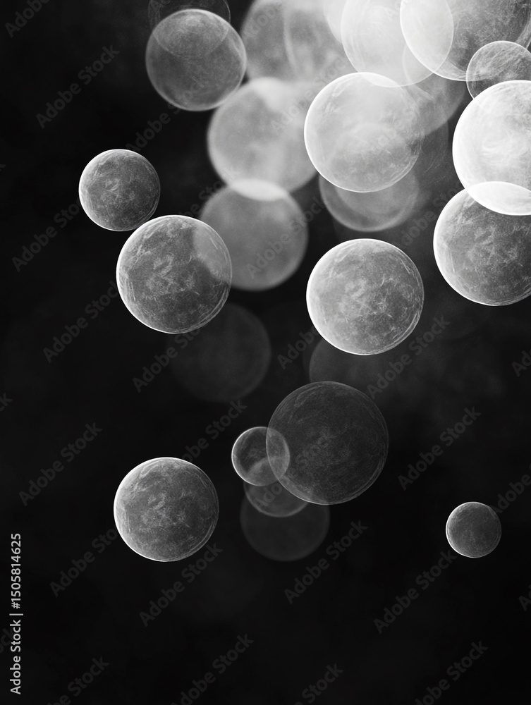 Poster an abstract black and white image features a collection of translucent, overlapping bubbles of varyi