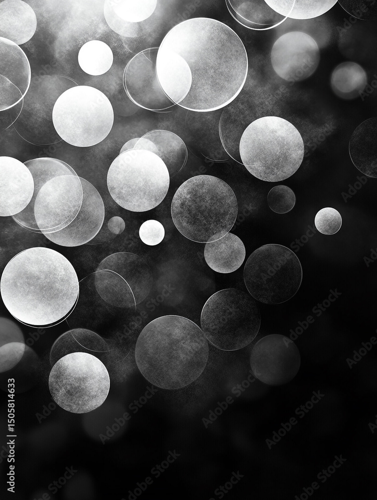 Poster an abstract black and white image features a collection of translucent, overlapping bubbles of varyi