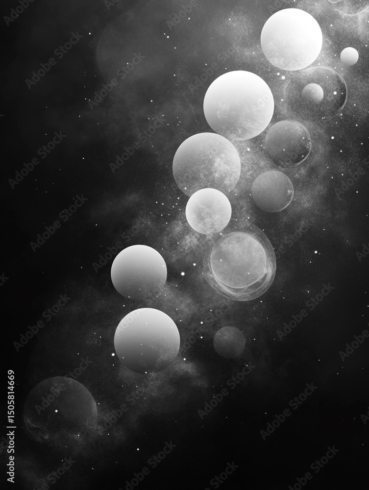 Poster an abstract black and white image features a collection of translucent, overlapping bubbles of varyi