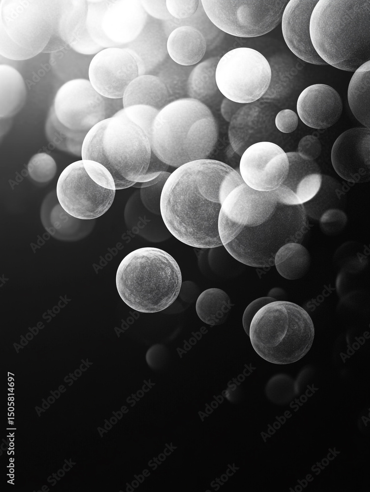 Poster an abstract black and white image features a collection of translucent, overlapping bubbles of varyi