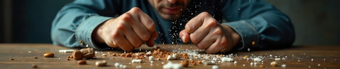Frustration boils over, represented by a clenched fist smashing a table, spilling objects Anger, rage, and helplessness are palpable in this powerful image , negativity, table