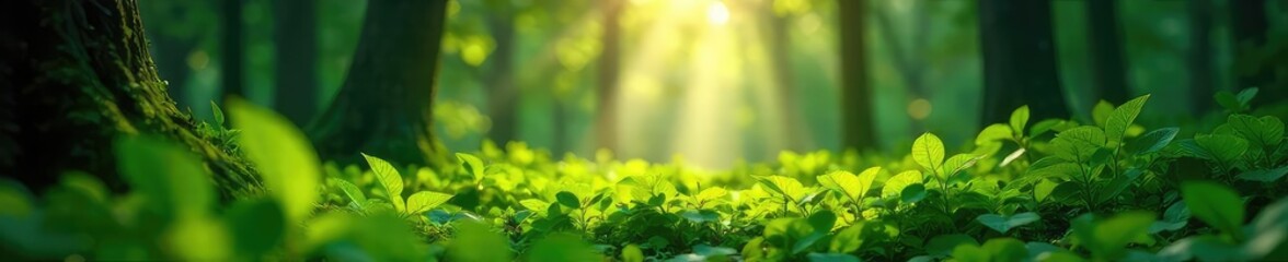 Sunlight streams through lush green leaves, illuminating a vibrant forest floor dappled with light and shadow A tranquil scene of natural brightness and vibrant growth , foliage, growth