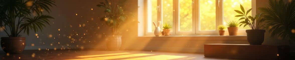 Serene indoor scene featuring sunlight streaming through a window, illuminating dust motes in the air Perfect for relaxation, tranquility, and home themes , light and shadow, cozy