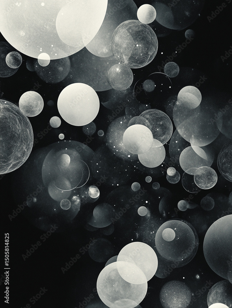 Poster an abstract black and white image features a collection of translucent, overlapping bubbles of varyi