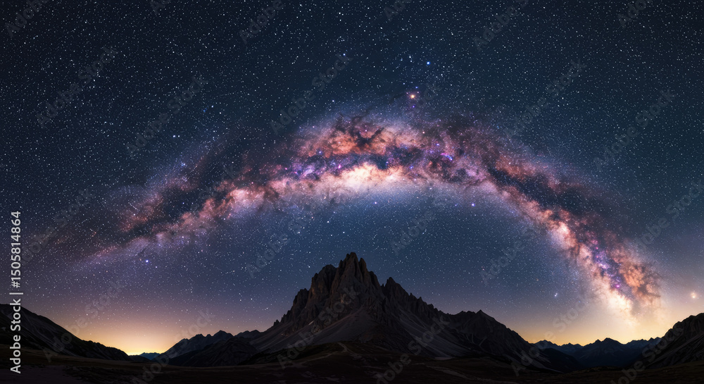 Wall mural beautiful night view, the bright milky way galaxy above the mountains, starry sky.