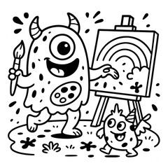 A fun and colorful monster-themed children’s coloring book cover. The background is a bright sky with lightning bolts, stars, and swirls. The big title reads “BOLD and Easy MONSTER Coloring Book” 