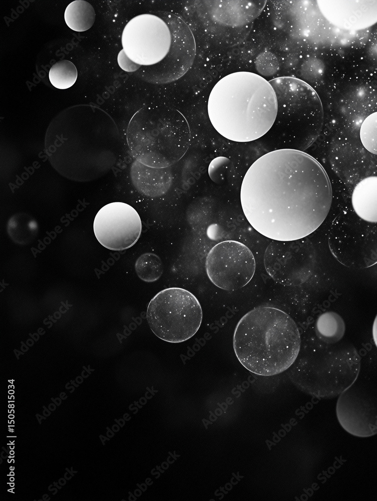Poster an abstract black and white image features a collection of translucent, overlapping bubbles of varyi