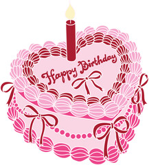 Line art drawing bow ribbons around pink heart shape Happy Birthday cake, clipart coquette aesthetic for design element . Vector illustration.	