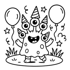 Fototapeta premium A fun and colorful monster-themed children’s coloring book cover. The background is a bright sky with lightning bolts, stars, and swirls. The big title reads “BOLD and Easy MONSTER Coloring Book” 