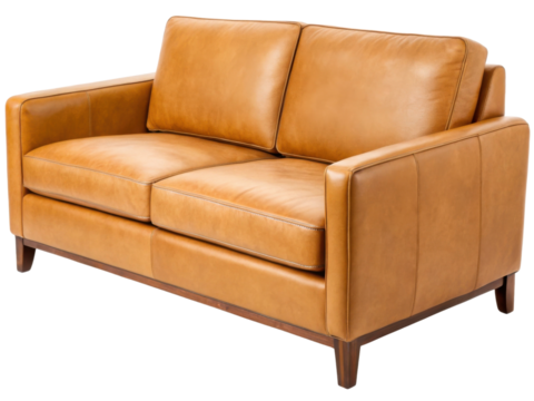 Genuine leather loveseat sofa adds warmth and style to any space., PNG on transparent background
