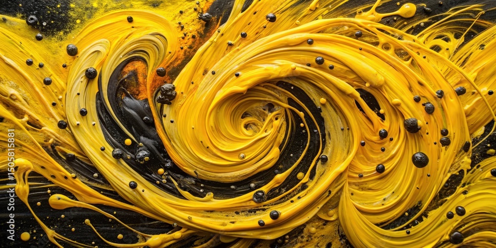 Poster a swirling vortex of vibrant yellow paint with scattered black and gold dots, creating a visually ca