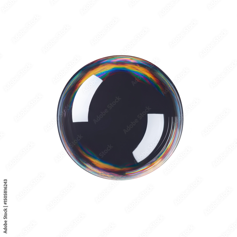 Poster single, transparent soap bubble with rainbow sheen floats against transparency background, showcasin