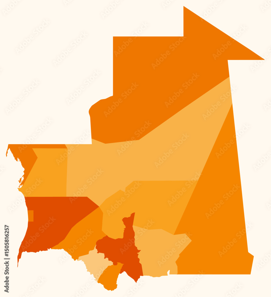 Poster map of mauritania with regions. just a simple country border map with region division. orange color 