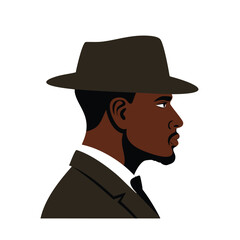 Stylish black man profile wearing fedora hat suit