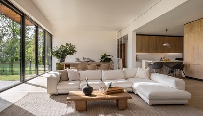 Fototapeta premium spacious open plan living room with modern interior design featuring white sofa