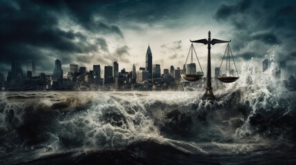 The old city's architecture disappears into the foggy skyline under a cloudy evening sky